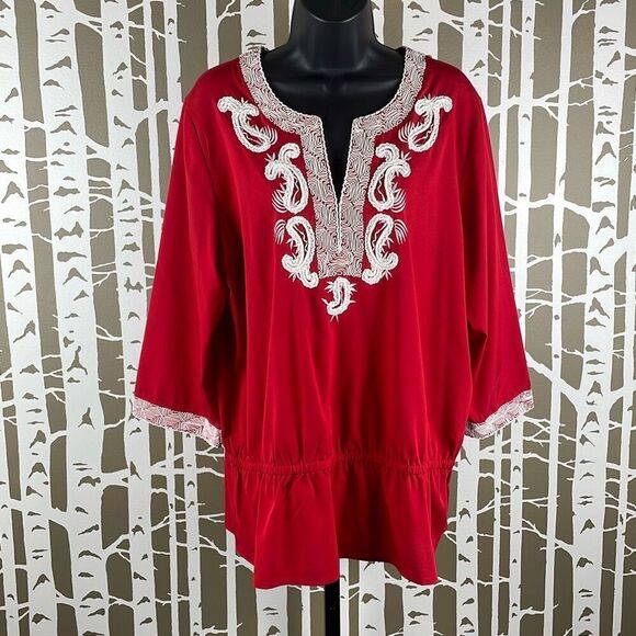 Chico’s Boho Red Embroidered Peplum Waist Top - Picture 9 of 9